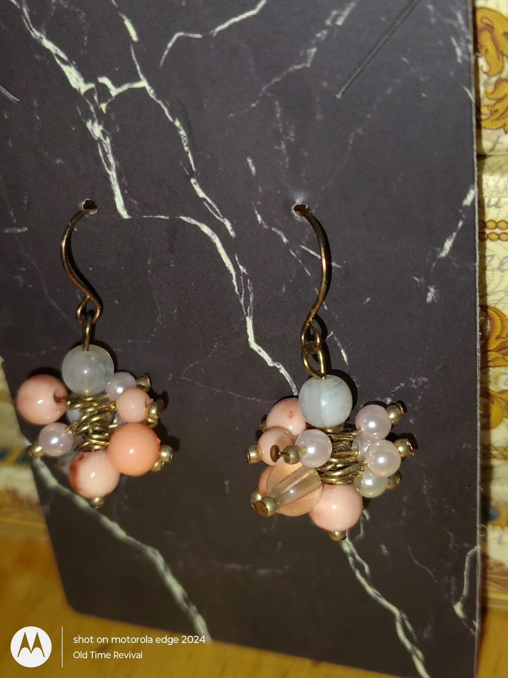 Cluster Bead Dangle Drop Earrings Peach White Gold Tone Boho Whimsigoth Vintage